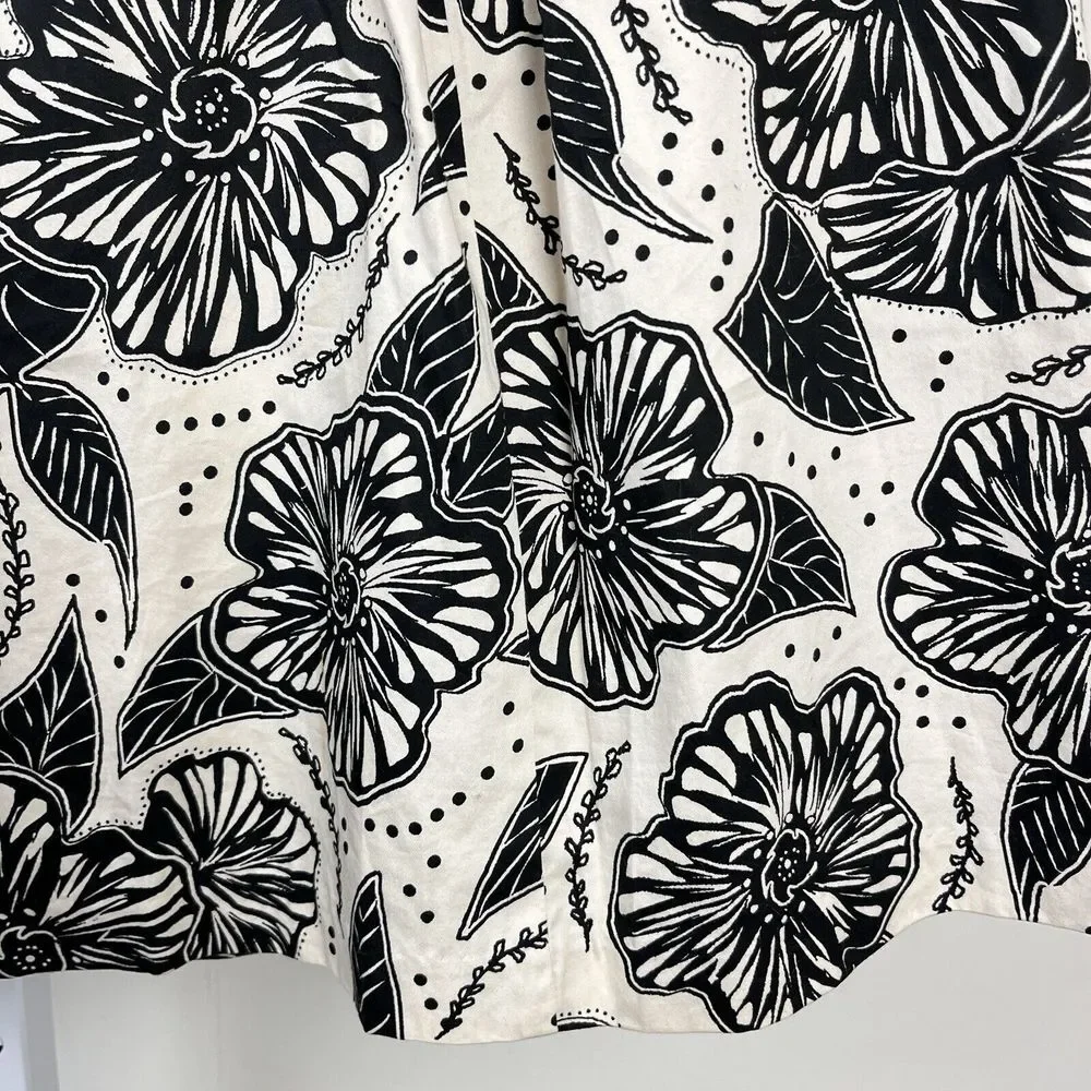 Charter Club Pleated Midi Skirt Cream Black Floral Flower A-Line‎ Womens Size 8